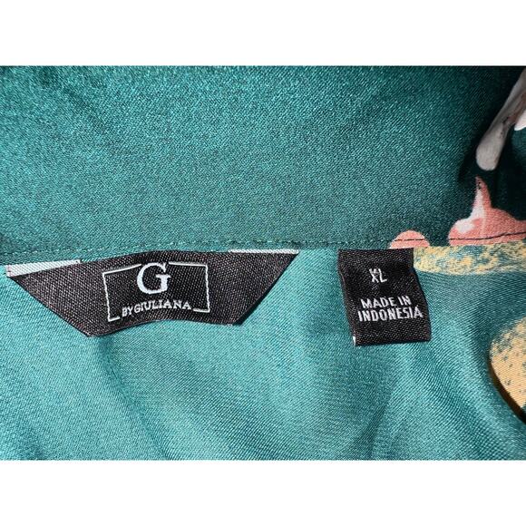 Faux Silk Large Blouse Button Front Top G by Giuliana HSN Green Floral Drape - Picture 7 of 8